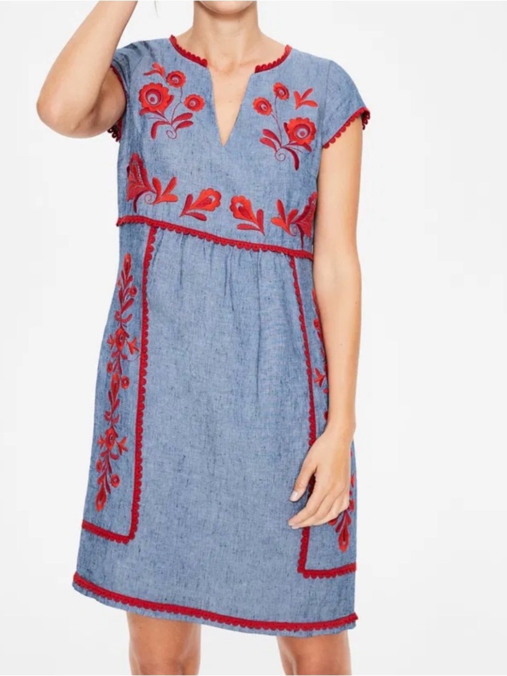 Boden Blue Dress with Red Floral Embroidery